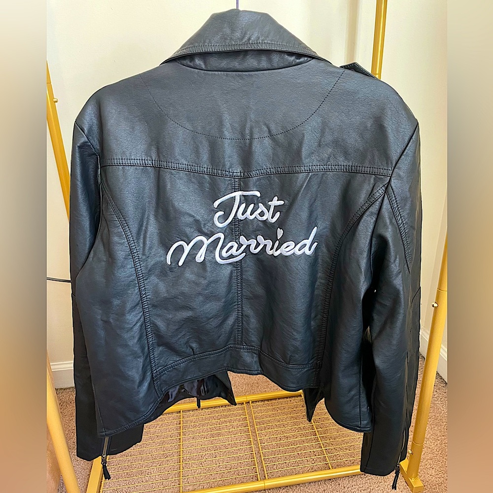 David's Bridal Black Leather Jacket with White 'Just Married' Script